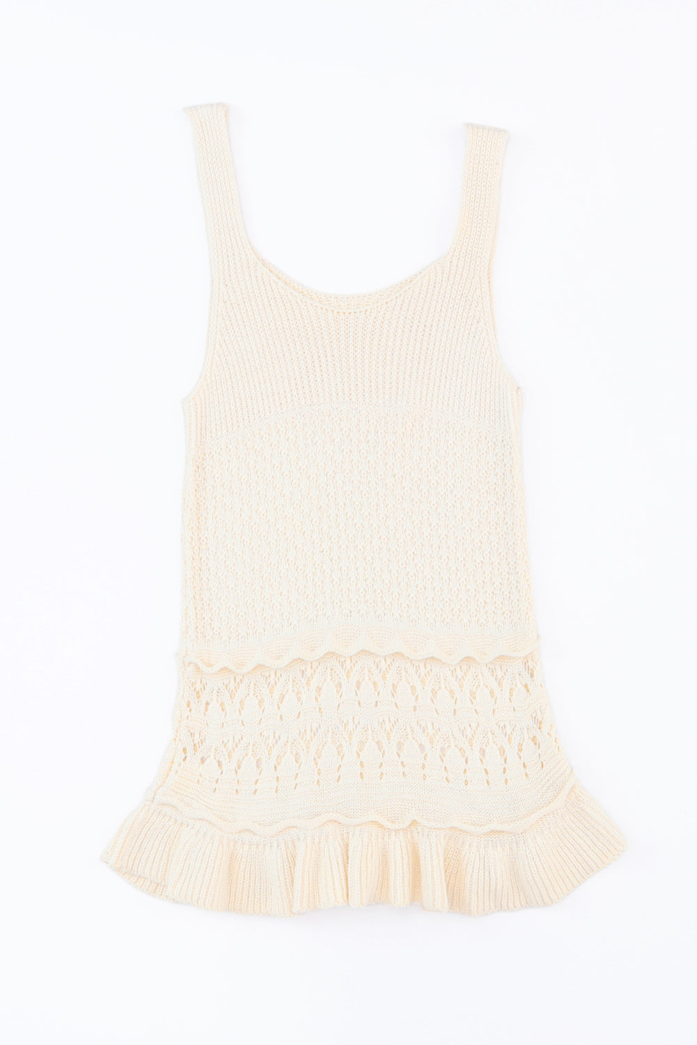 Full size ruffled openwork wide strap tank, opaque.