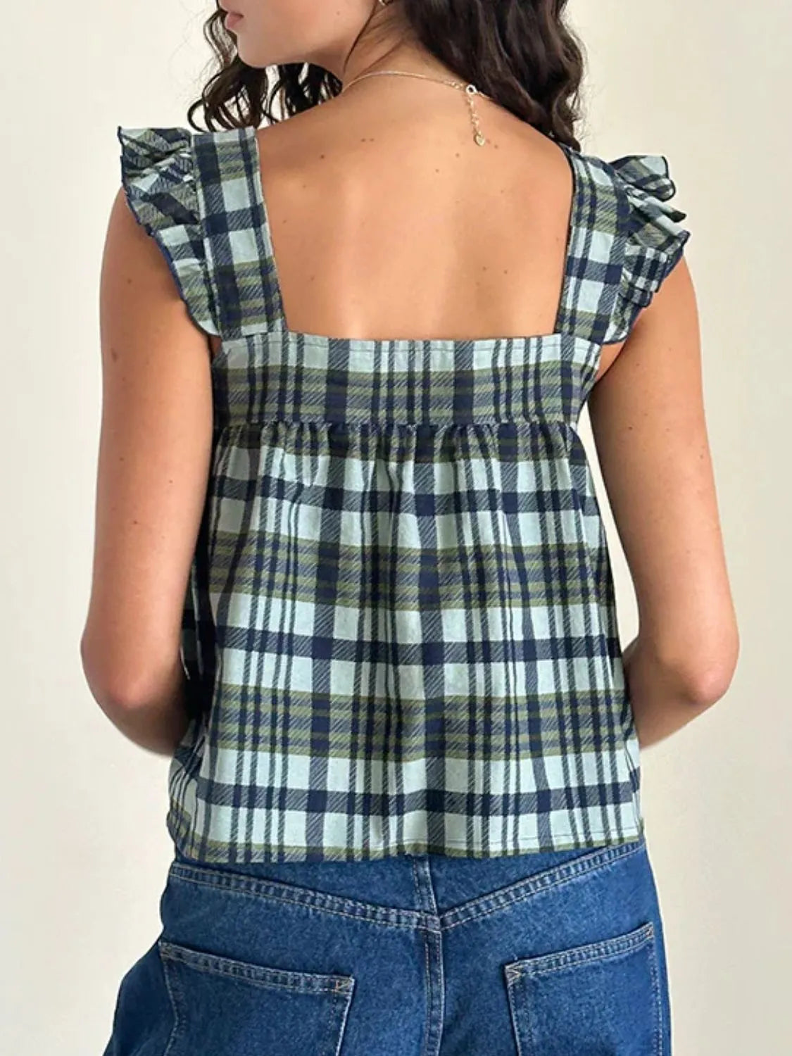 Ruffled plaid square neck tank top.
