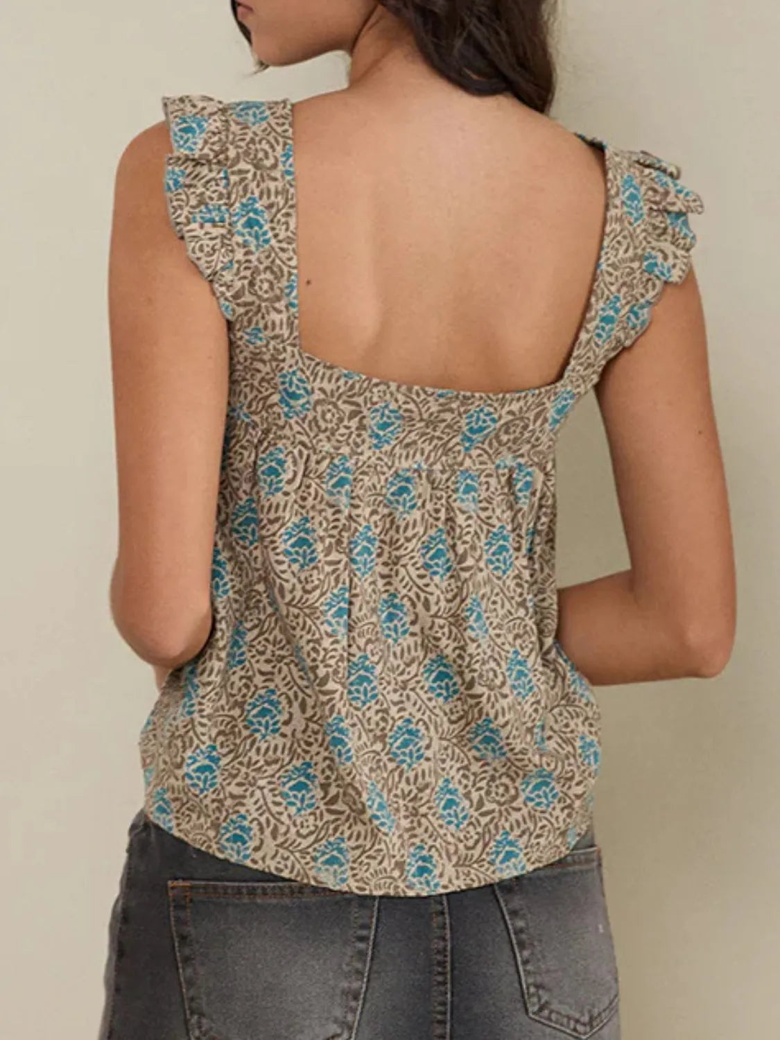 Ruffled plaid square neck tank top.