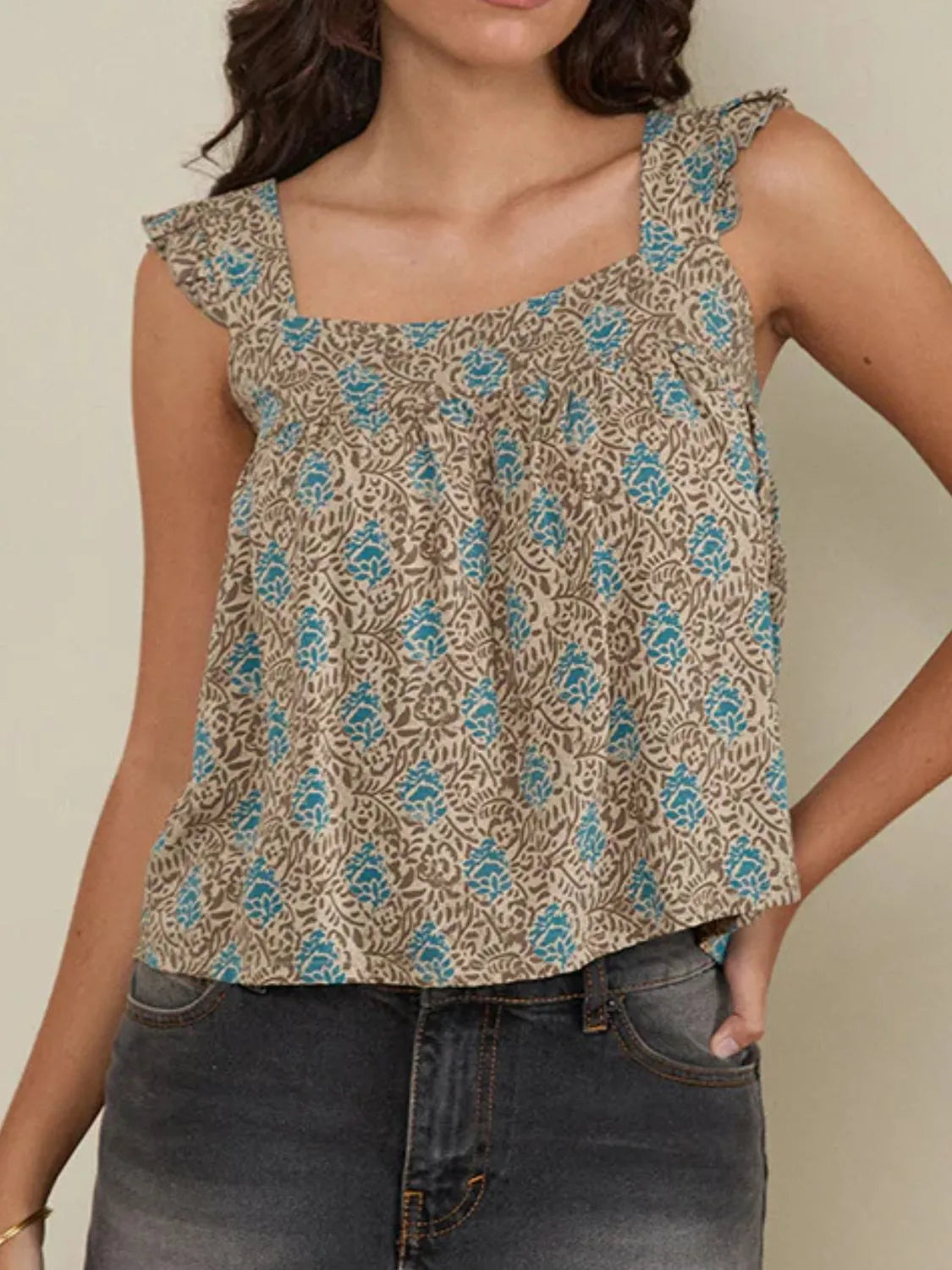 Ruffled plaid square neck tank top.
