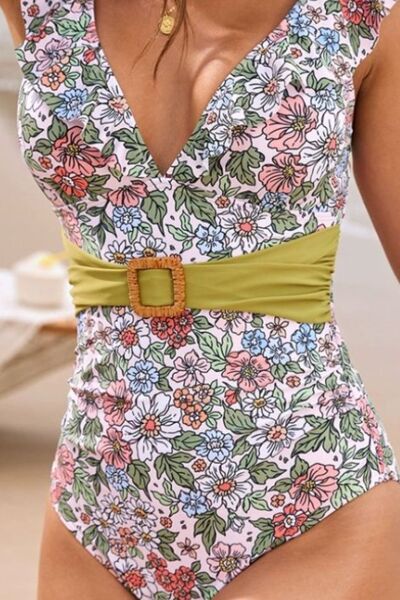 Ruffled Plunge Floral One-Piece Swimwear.