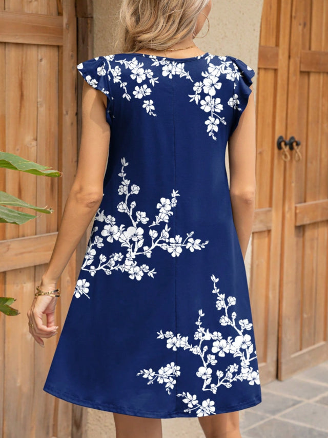 Ruffled Printed Cap Sleeve Mini Dress.