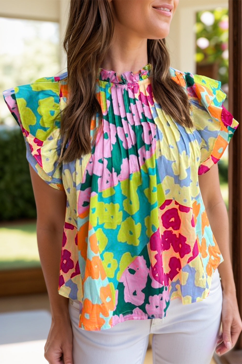 Ruffled Printed Mock Neck Cap Sleeve Blouse.