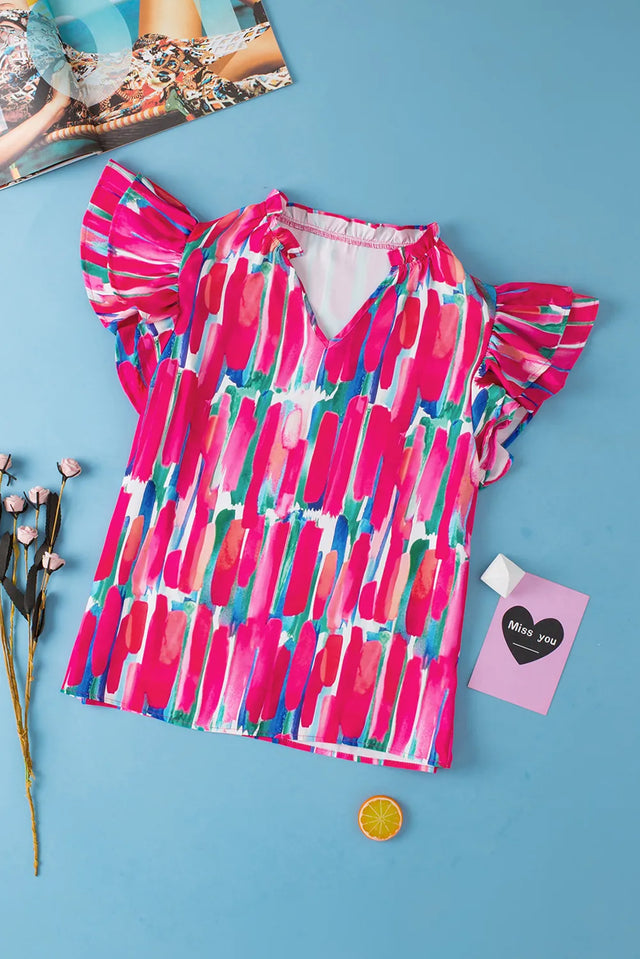Ruffled Printed Notched Cap Sleeve Blouse.
