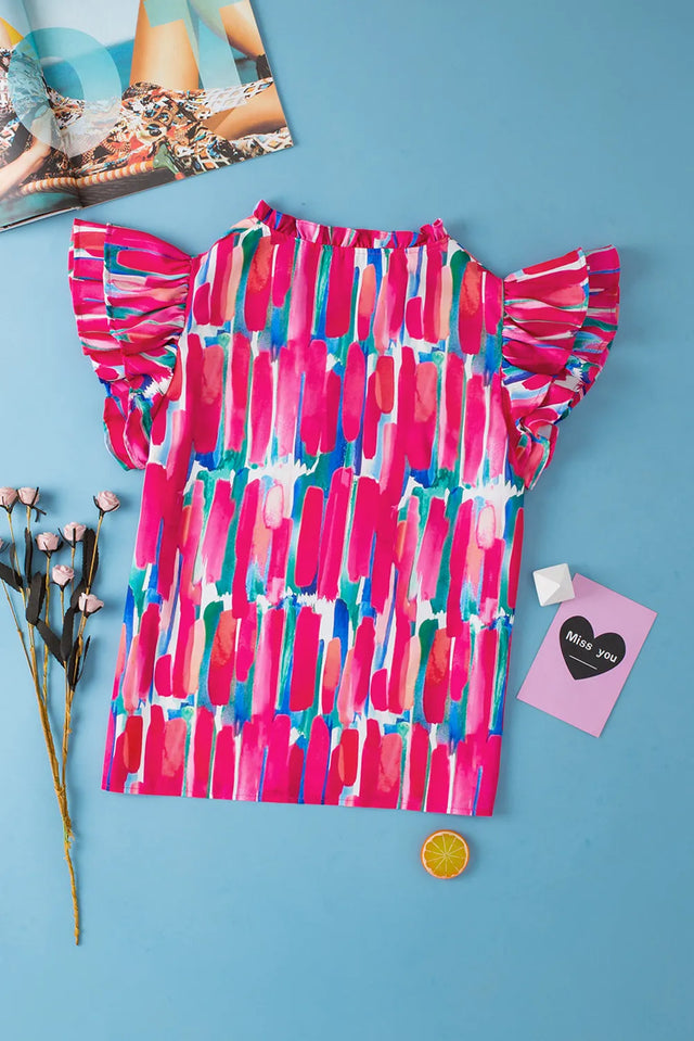 Ruffled Printed Notched Cap Sleeve Blouse.