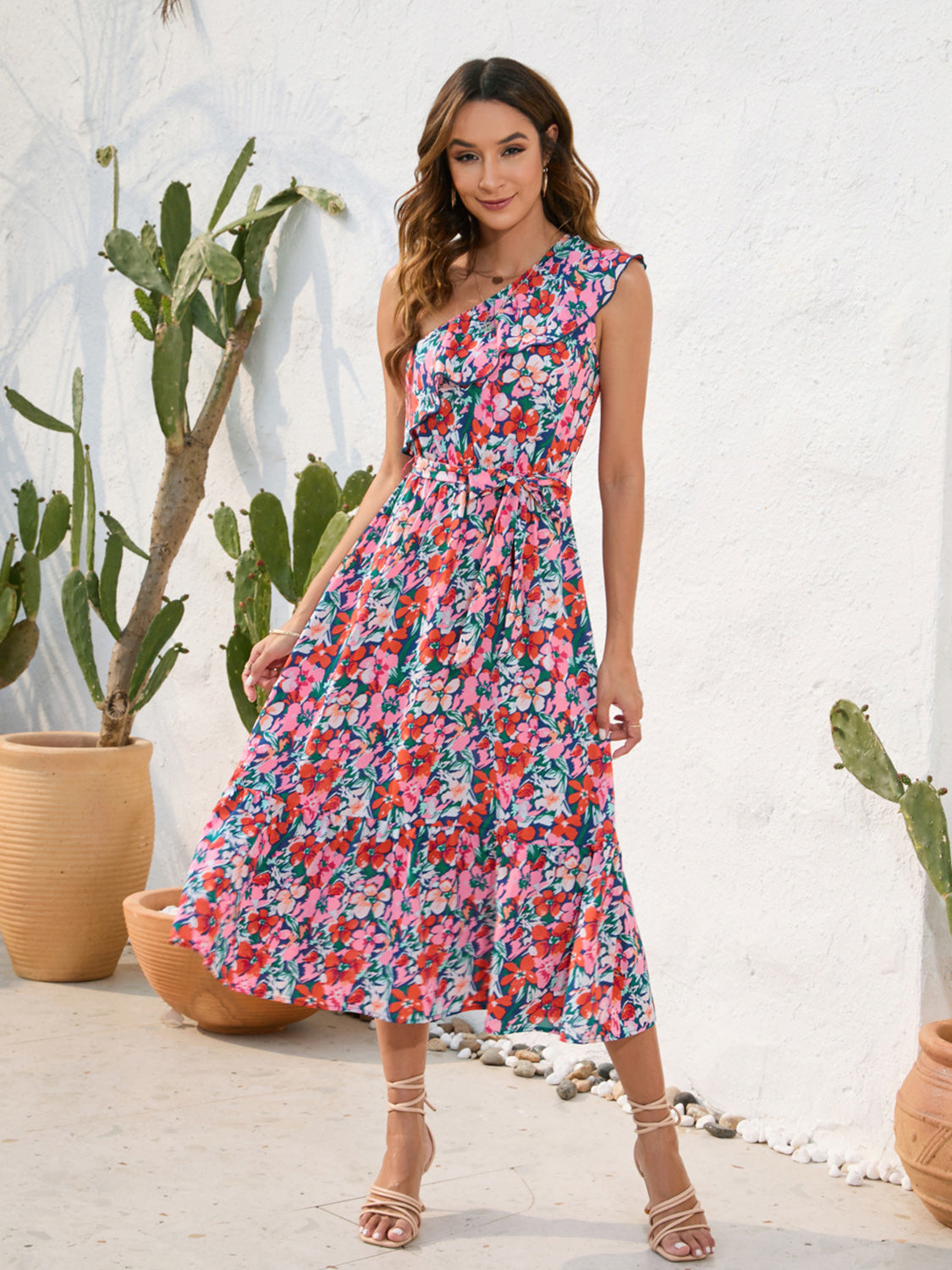 Ruffled Printed One Shoulder Midi Dress.