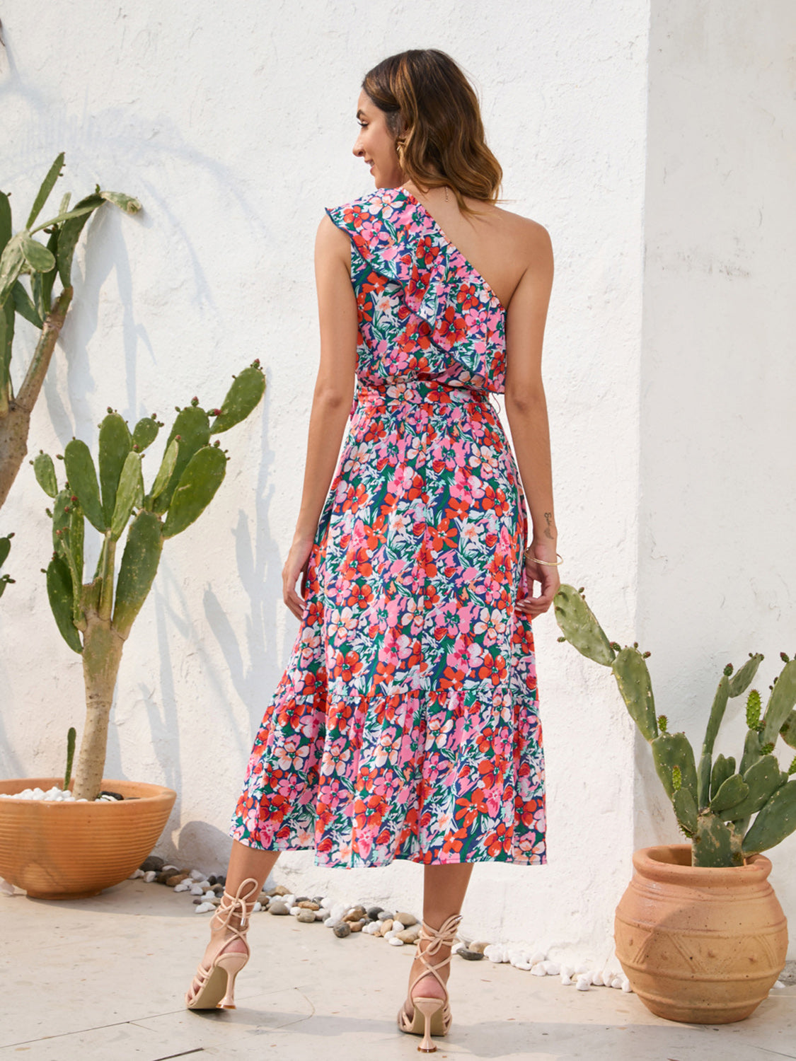 Ruffled Printed One Shoulder Midi Dress.