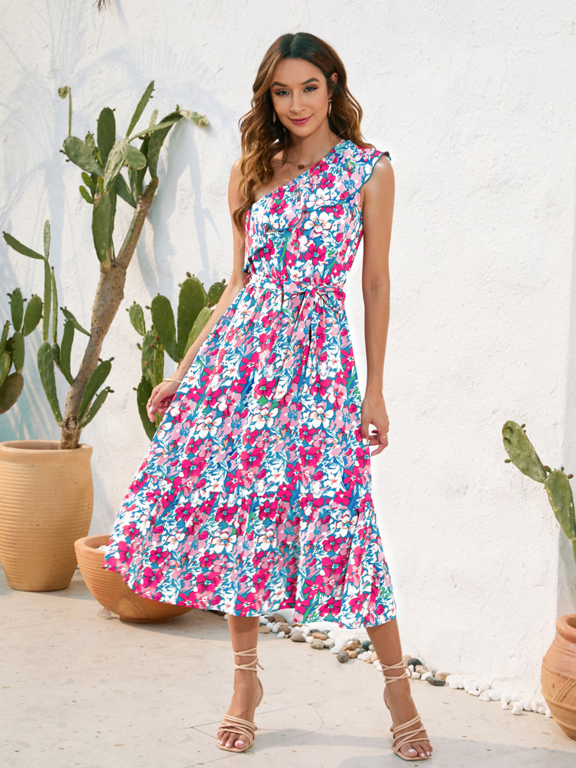 Ruffled Printed One Shoulder Midi Dress.