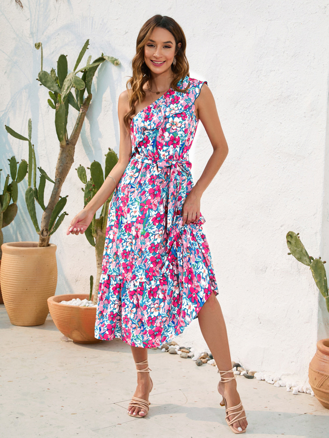 Ruffled Printed One Shoulder Midi Dress.