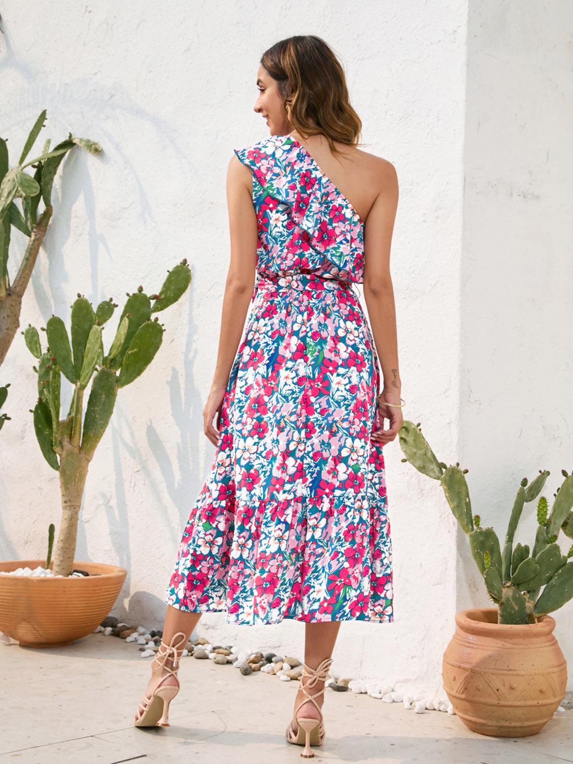 Ruffled Printed One Shoulder Midi Dress.