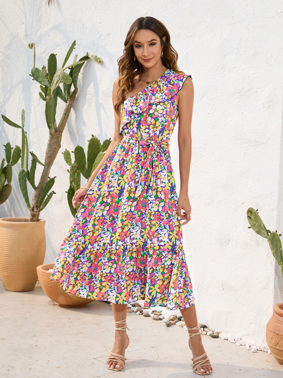Ruffled Printed One Shoulder Midi Dress.