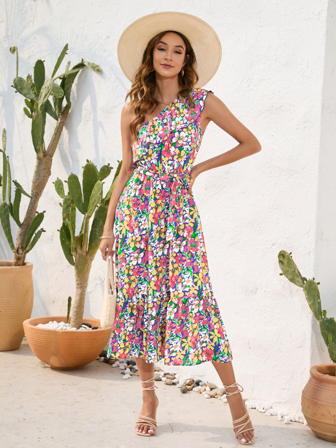 Ruffled Printed One Shoulder Midi Dress.