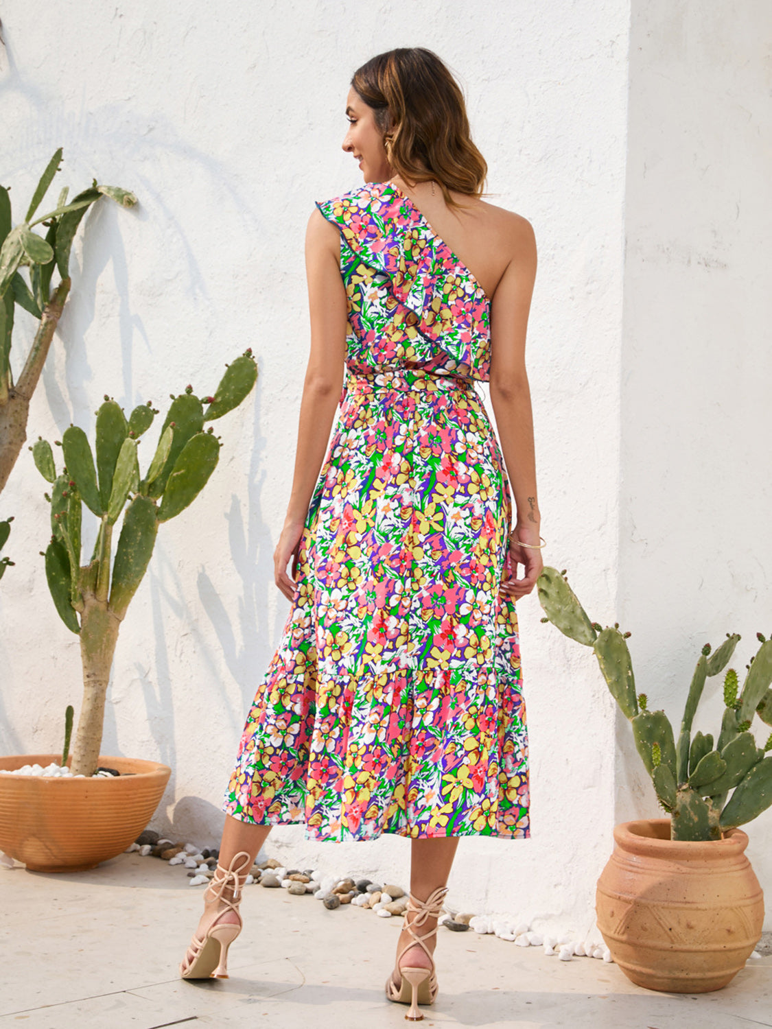 Ruffled Printed One Shoulder Midi Dress.