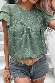 Ruffled Printed Round Neck Cap Sleeve Blouse.