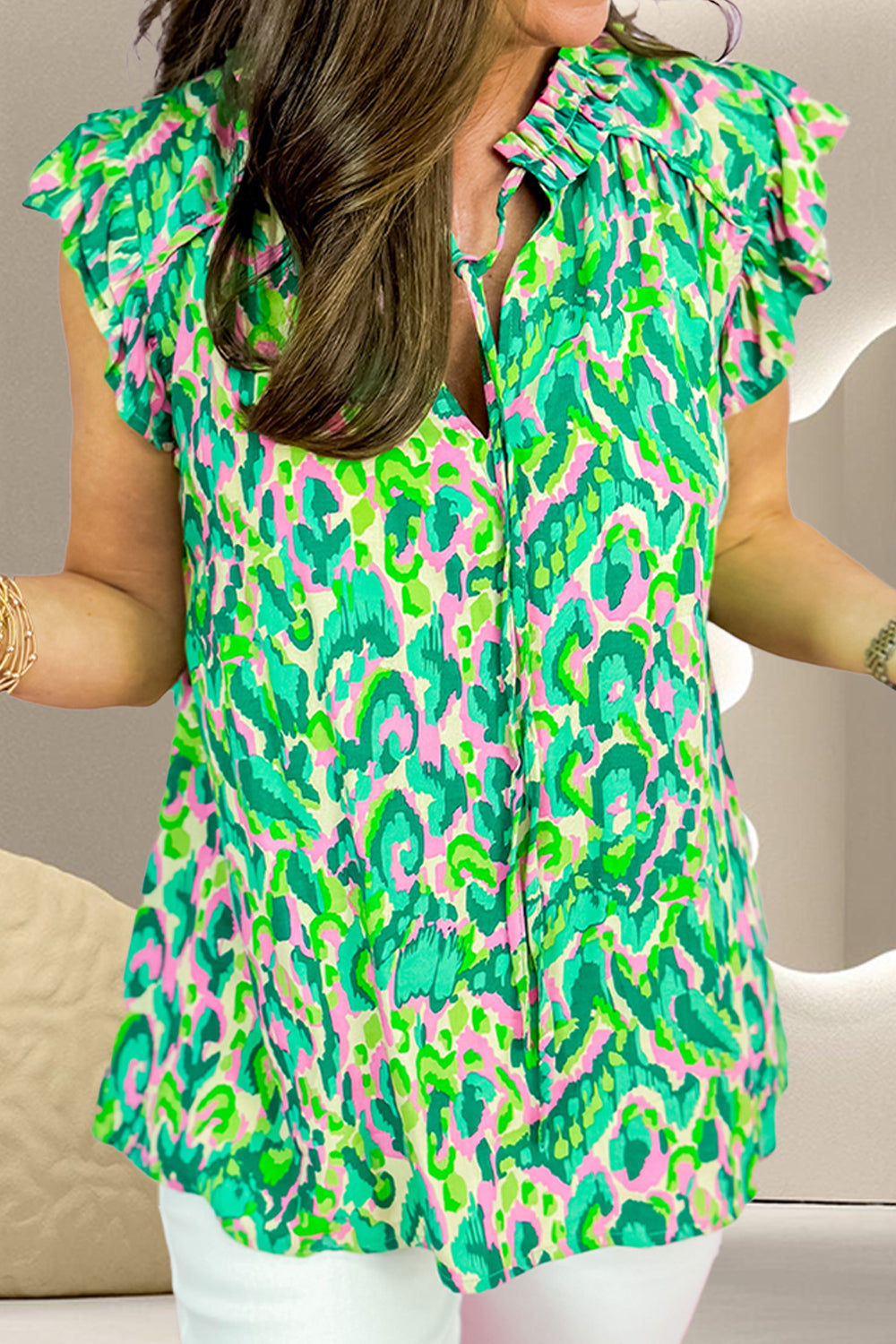 Ruffled Printed Tie Neck Cap Sleeve Blouse with Tied.
