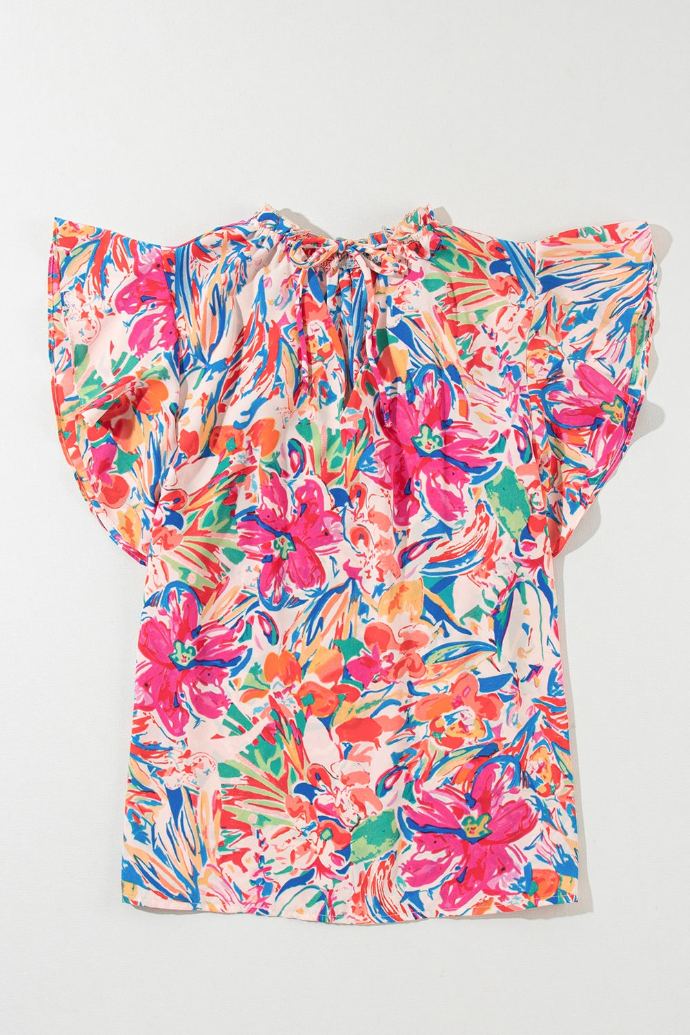 Ruffled Printed Tie Neck Cap Sleeve Blouse with Tied.