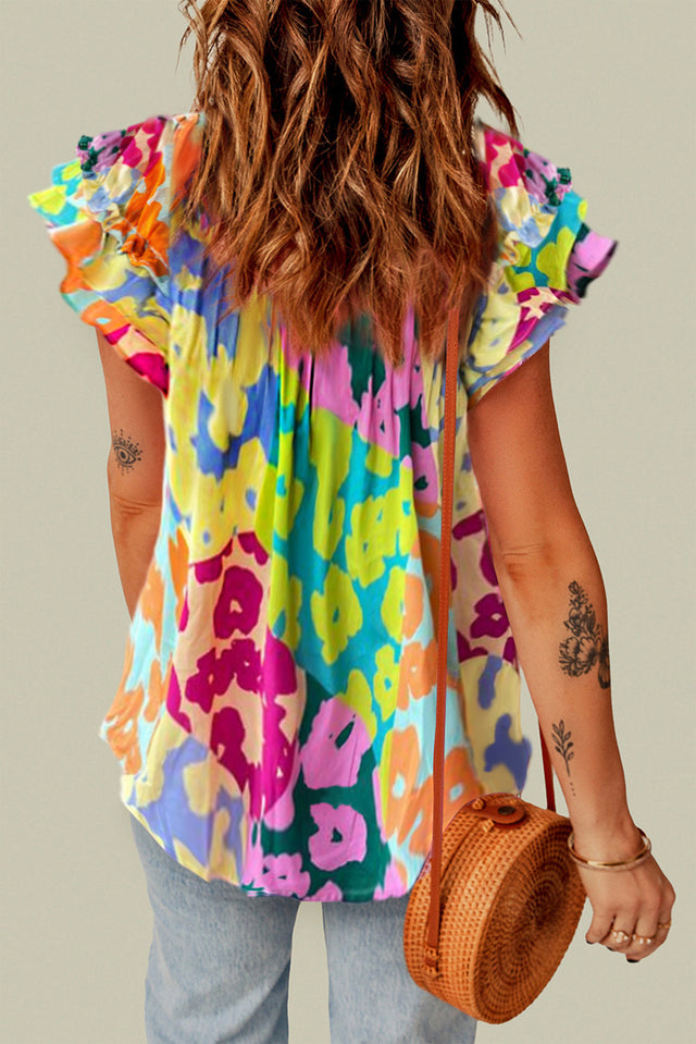 Ruffled Printed Tie Neck Cap Sleeve Blouse with Tied.