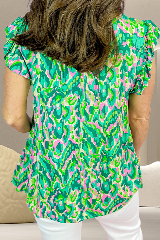 Ruffled Printed Tie Neck Cap Sleeve Blouse with Tied.
