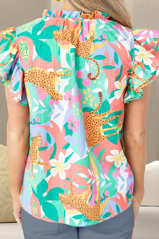 Ruffled Printed Tie Neck Cap Sleeve Blouse with Tied.