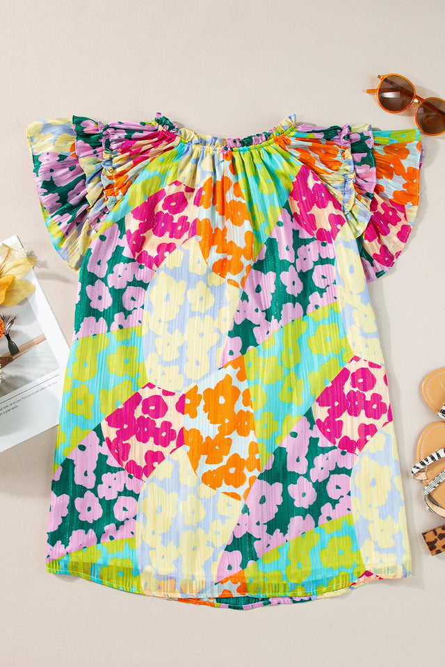 Ruffled Printed Tie Neck Cap Sleeve Blouse with Tied.