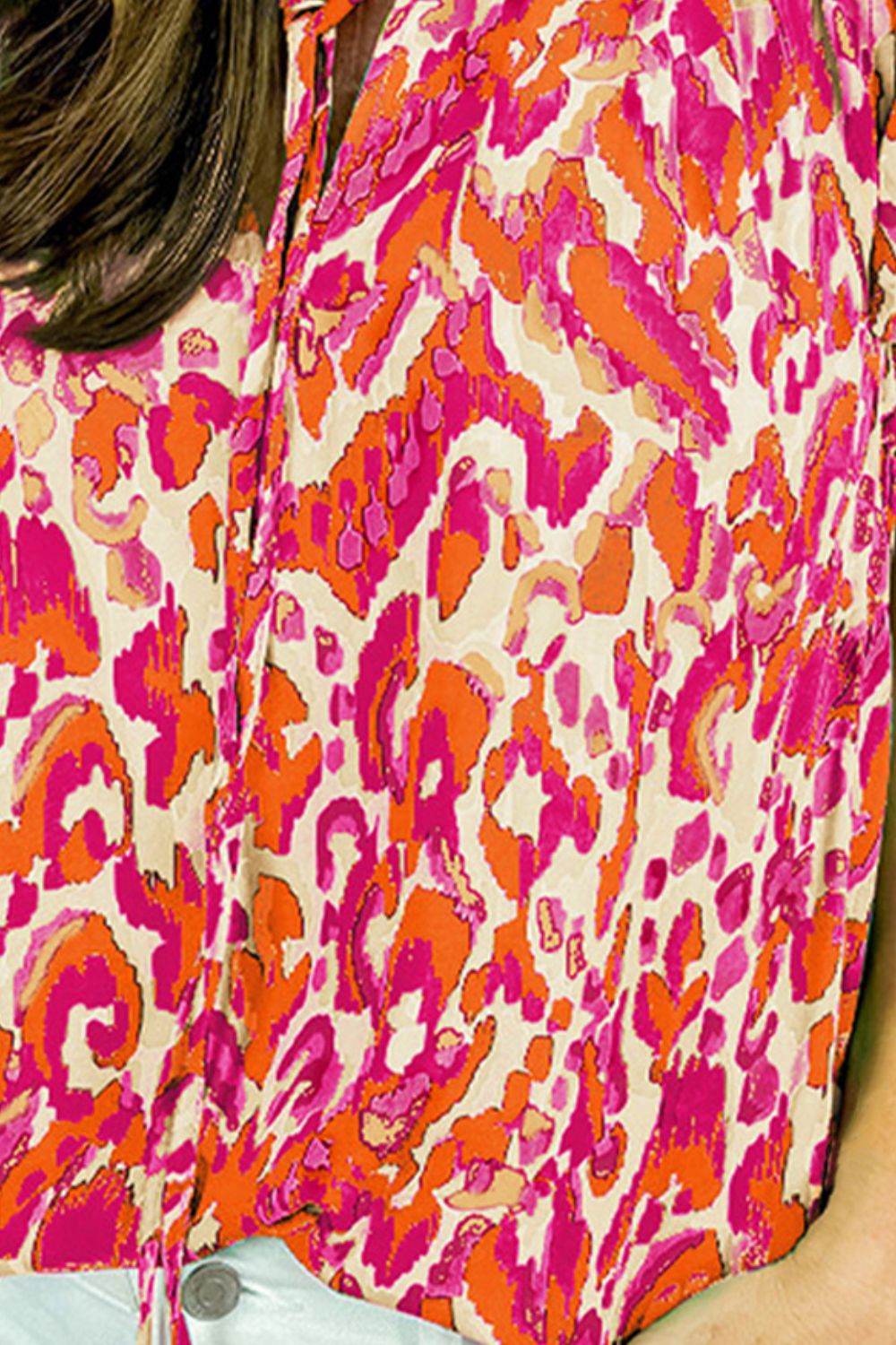 Ruffled Printed Tie Neck Cap Sleeve Blouse with Tied.