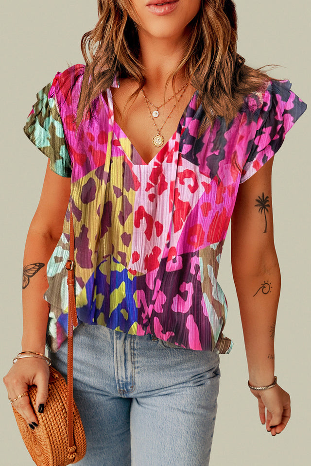 Ruffled Printed Tie Neck Cap Sleeve Blouse with Tied.