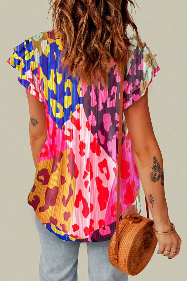 Ruffled Printed Tie Neck Cap Sleeve Blouse with Tied.