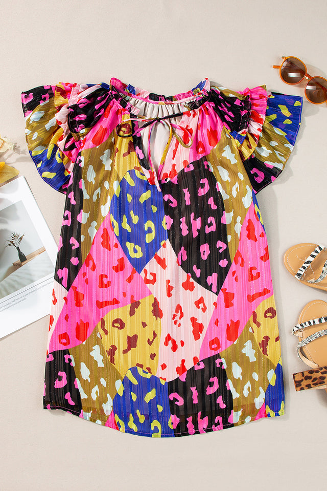 Ruffled Printed Tie Neck Cap Sleeve Blouse with Tied.