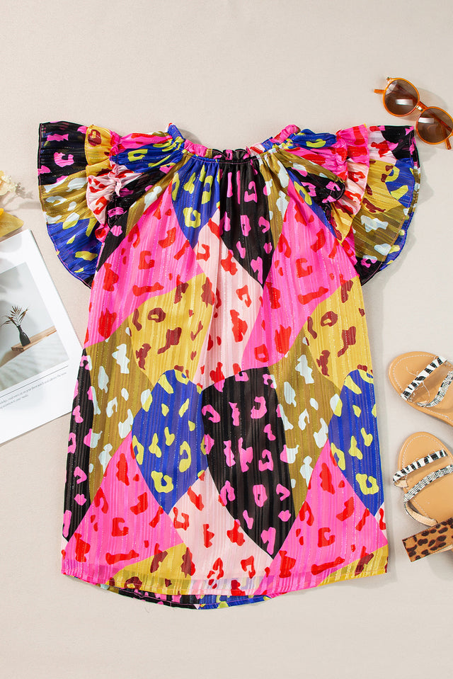 Ruffled Printed Tie Neck Cap Sleeve Blouse with Tied.