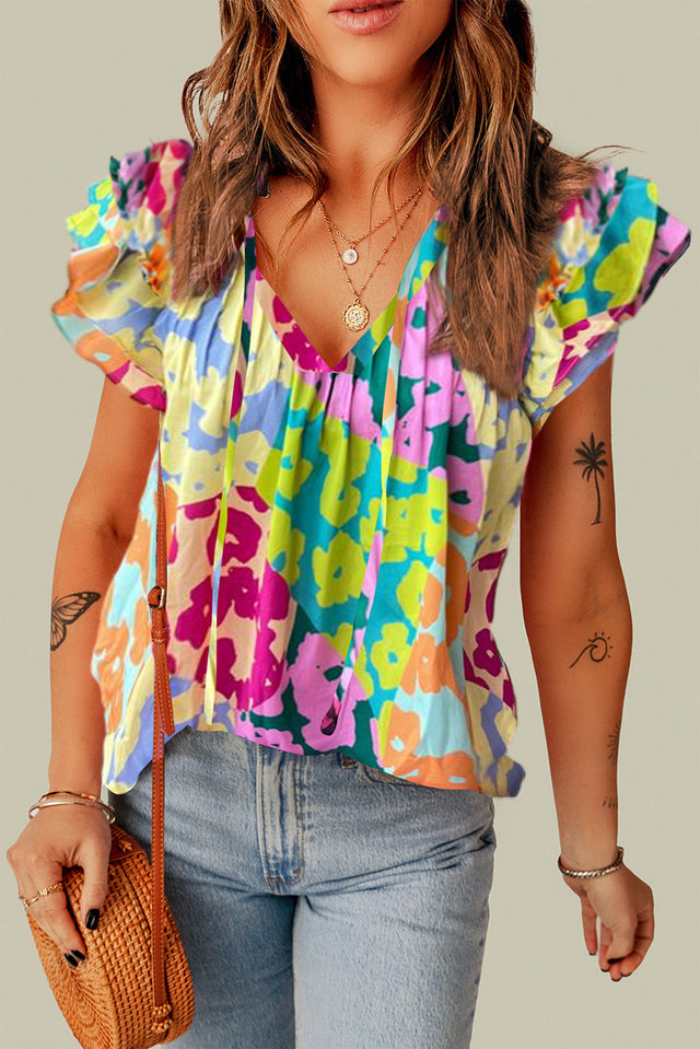 Ruffled Printed Tie Neck Cap Sleeve Blouse with Tied.