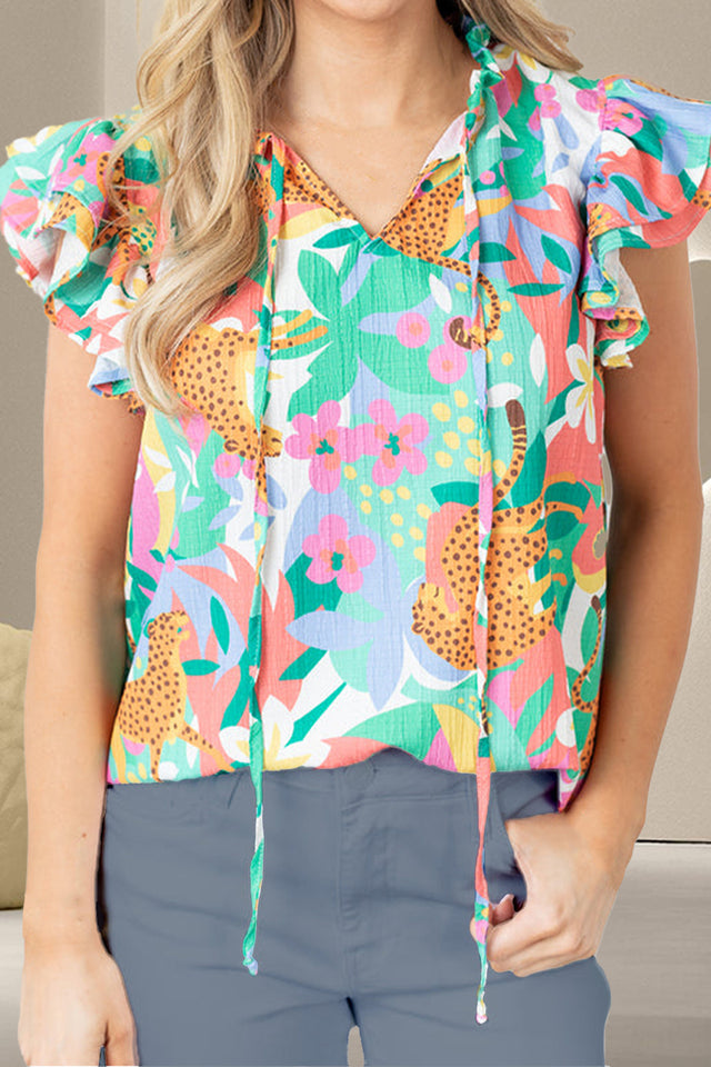 Ruffled Printed Tie Neck Cap Sleeve Blouse with Tied.