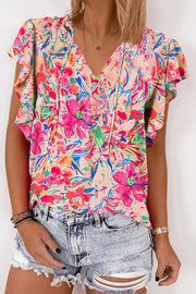 Ruffled Printed Tie Neck Cap Sleeve Blouse with Tied.