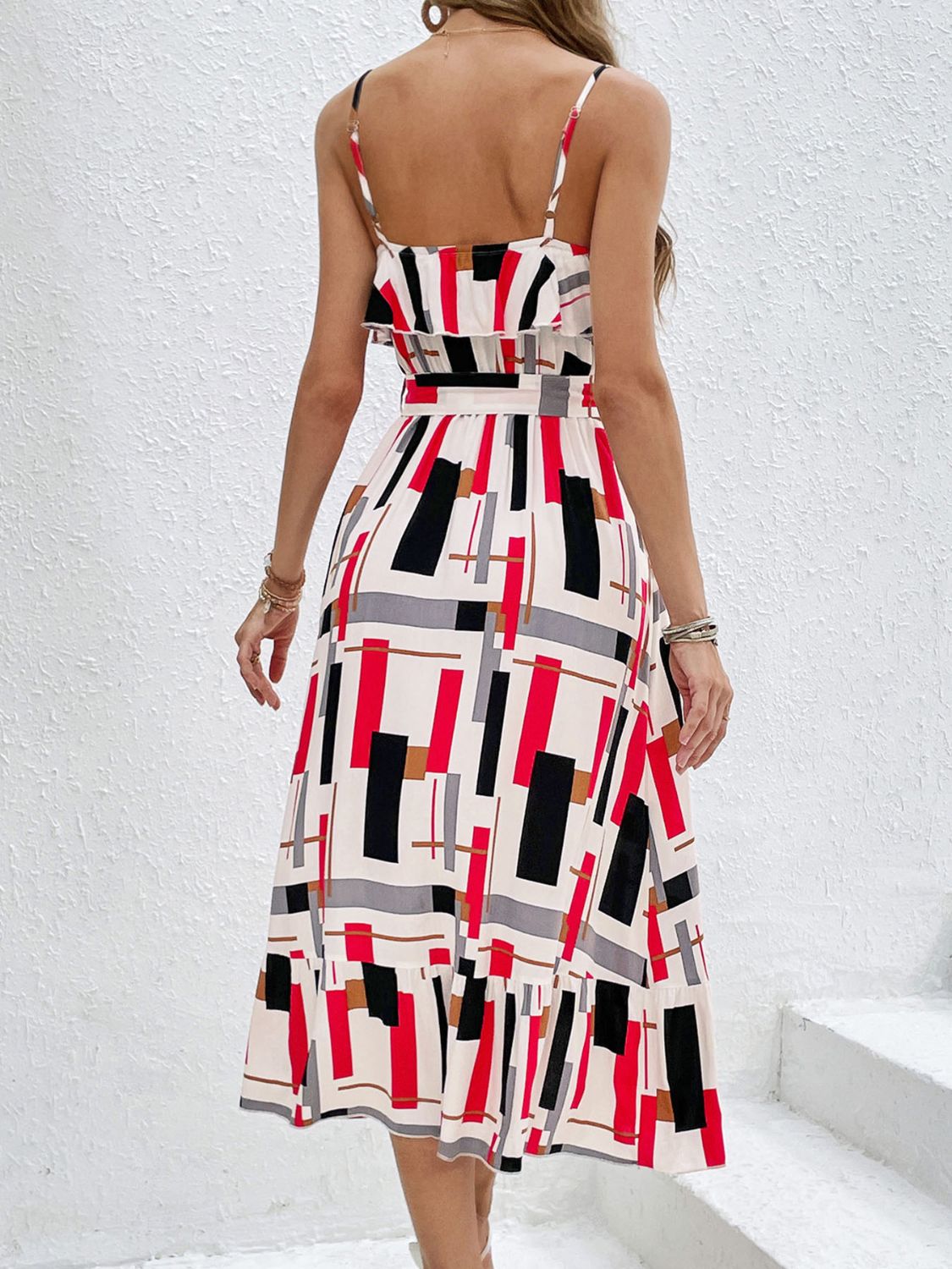 Perfee Ruffled Printed Tie Waist Midi Dress.