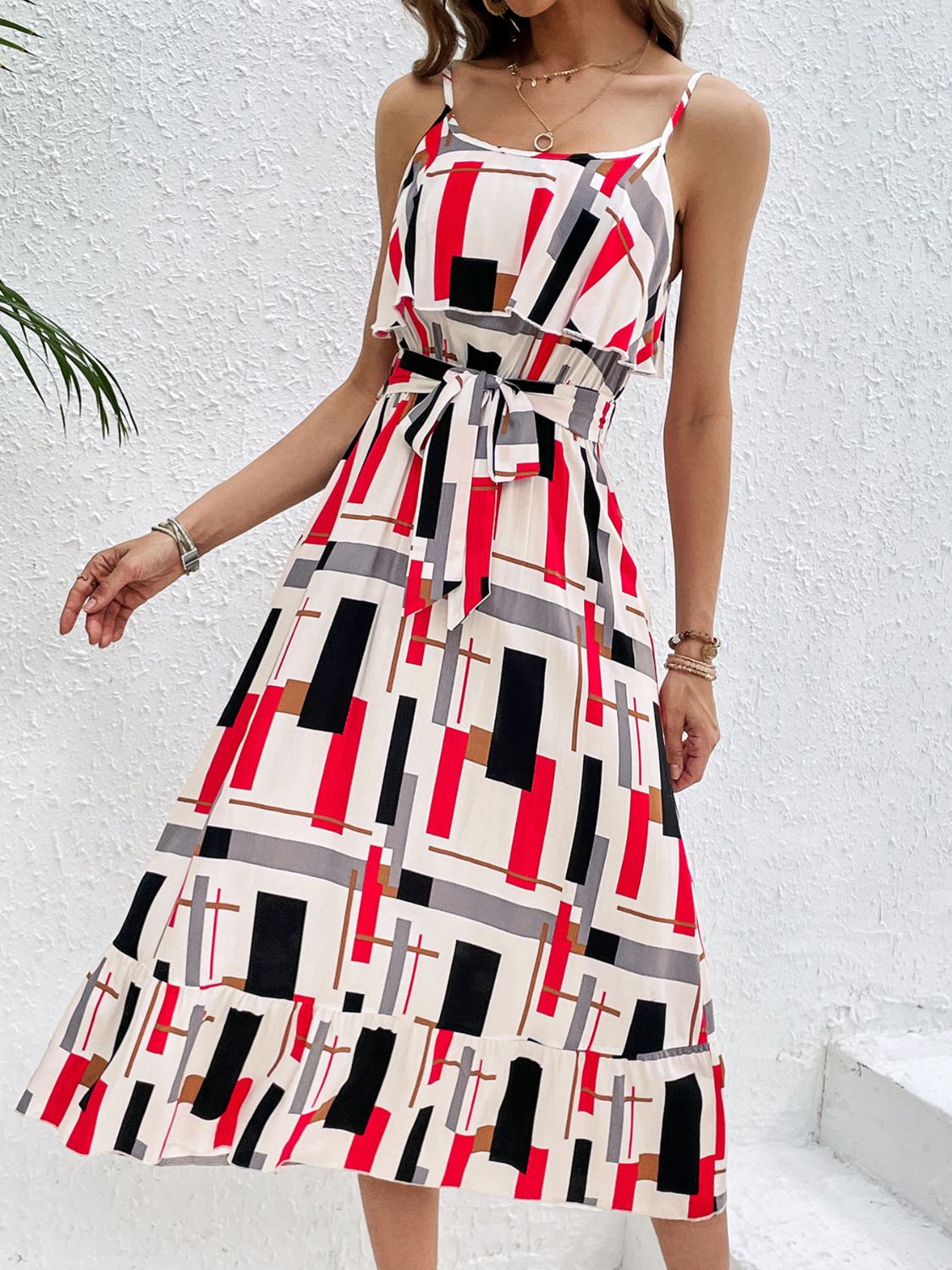 Perfee Ruffled Printed Tie Waist Midi Dress.