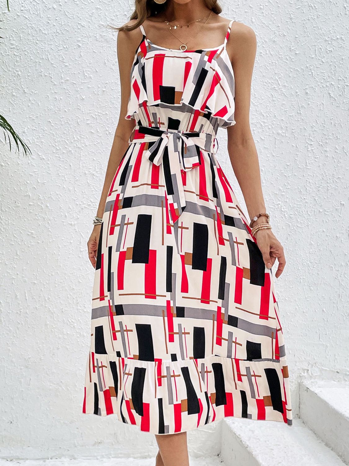 Perfee Ruffled Printed Tie Waist Midi Dress.