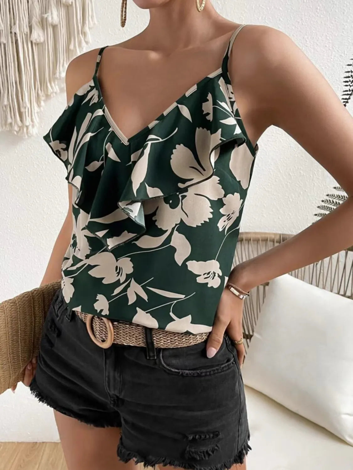 Ruffled printed V-neck cami.