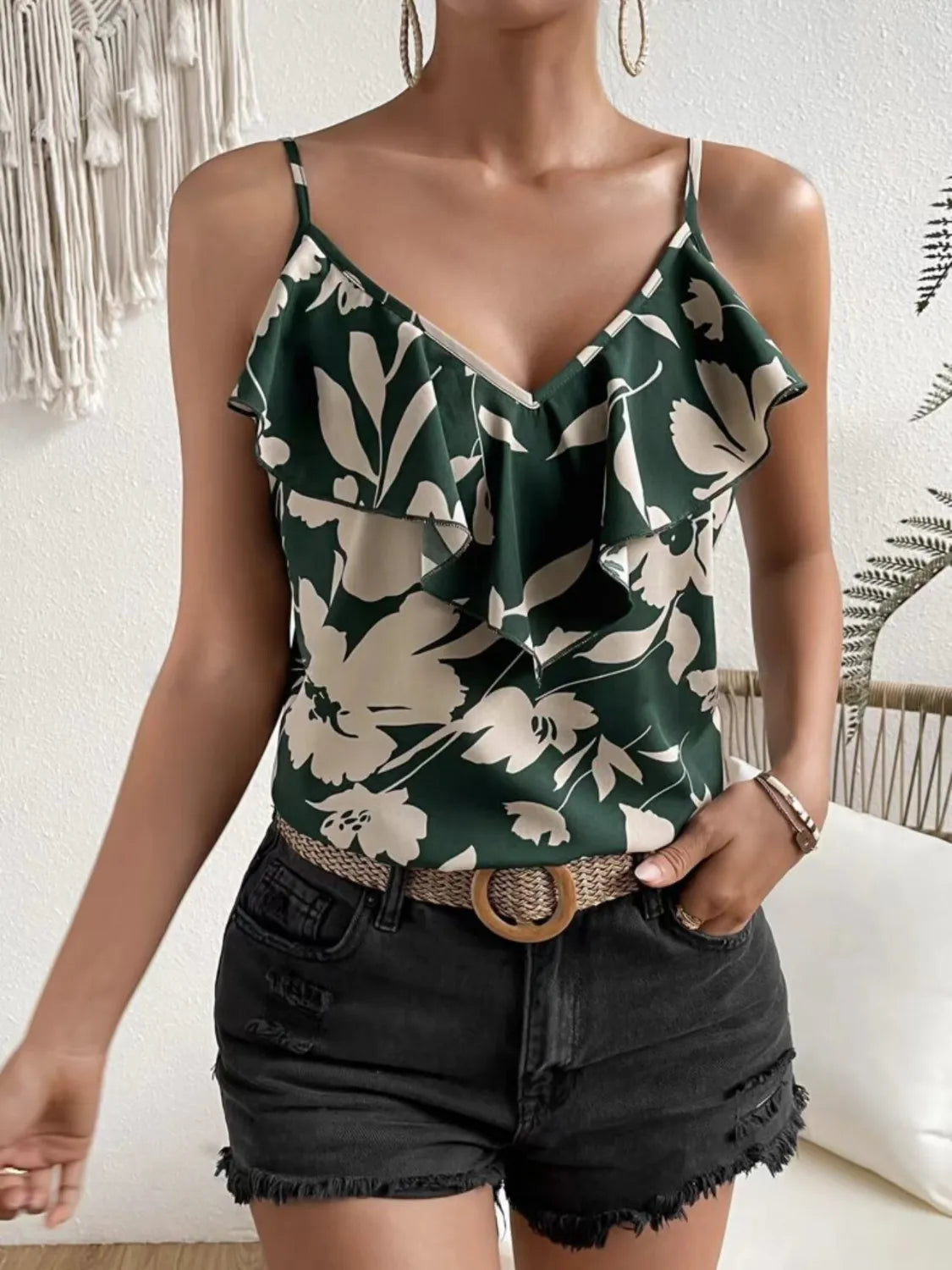 Ruffled printed V-neck cami.