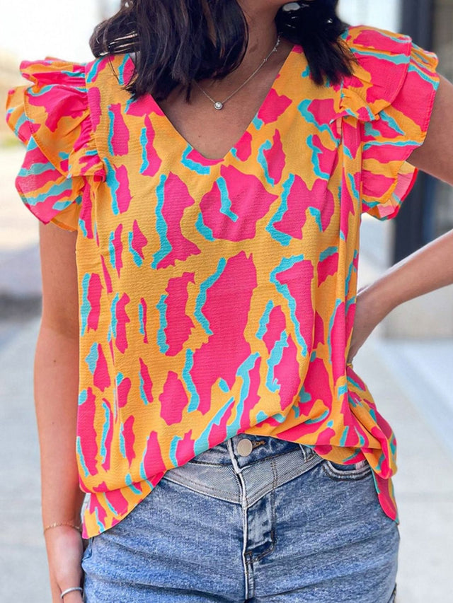 Ruffled Printed V-Neck Cap Sleeve Blouse.