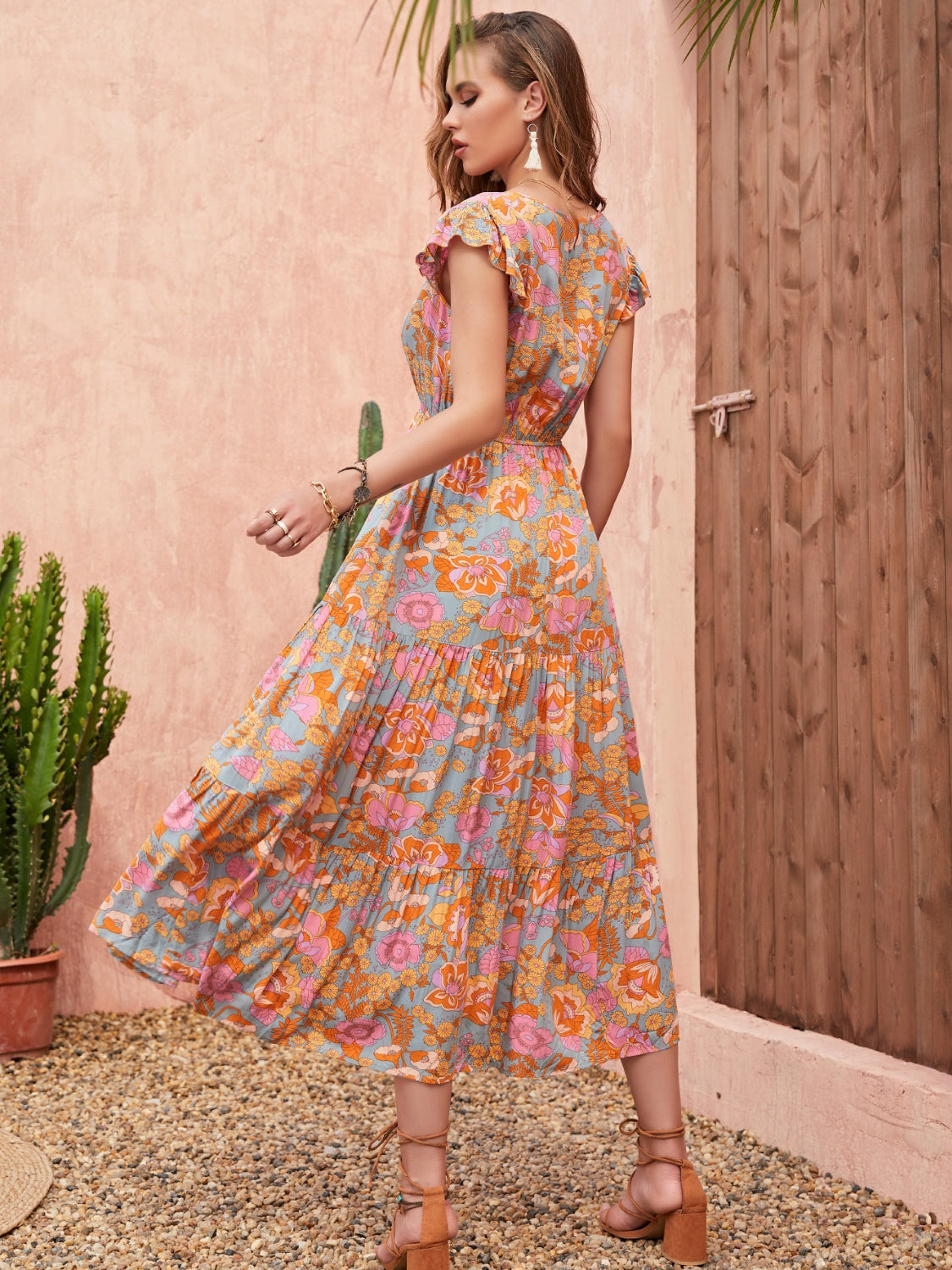 Ruffled Printed V-Neck Cap Sleeve Tiered Dress.