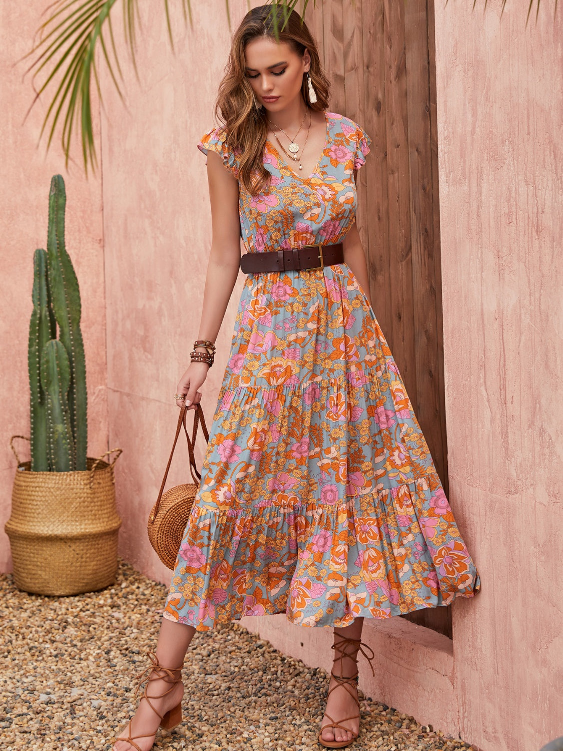 Ruffled Printed V-Neck Cap Sleeve Tiered Dress.