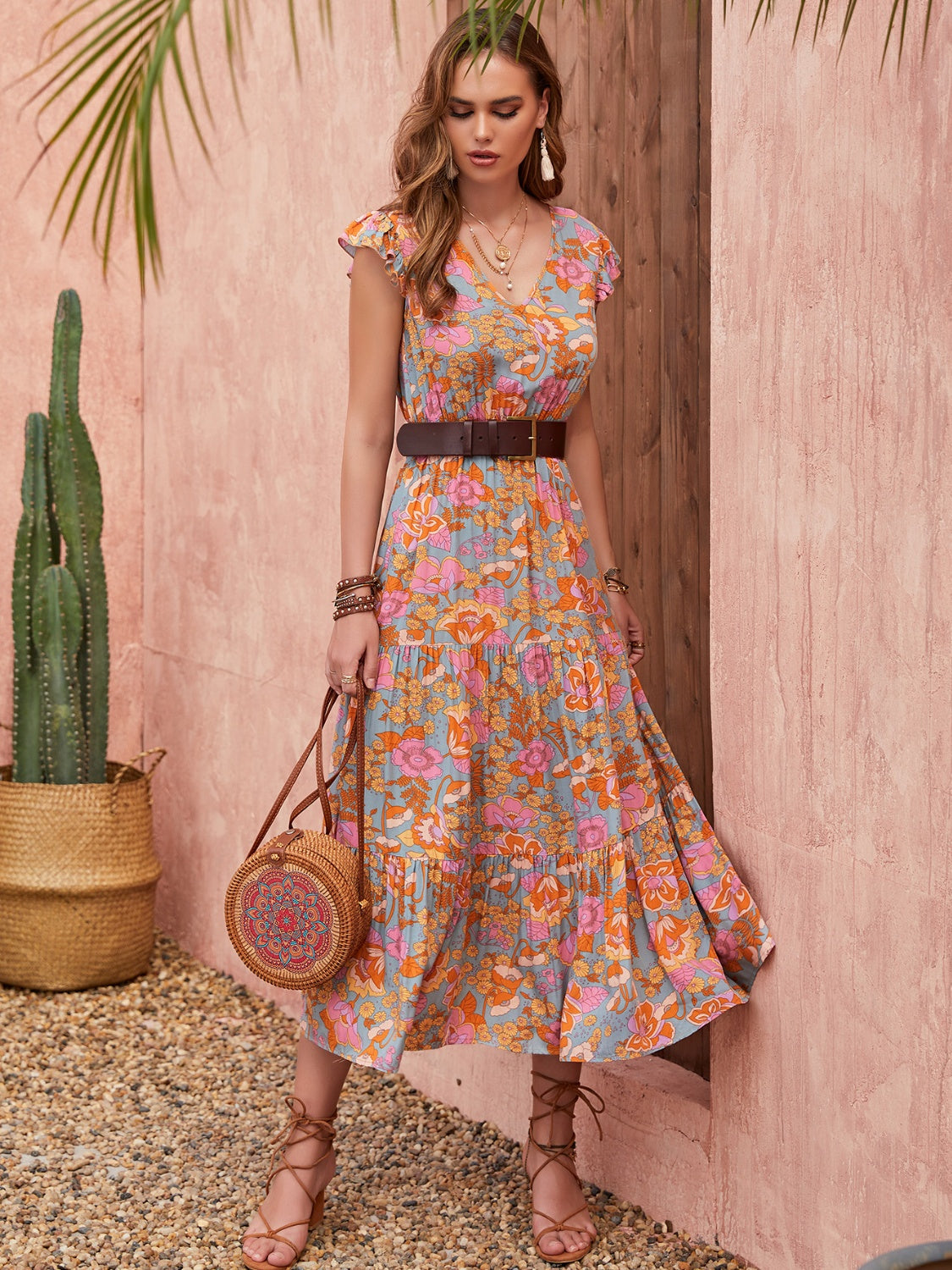 Ruffled Printed V-Neck Cap Sleeve Tiered Dress.