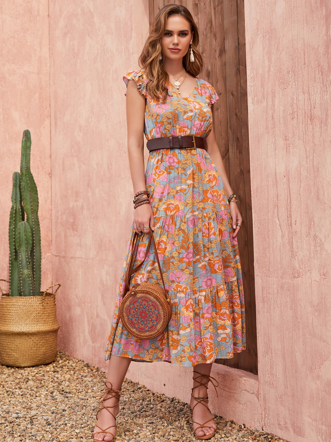 Ruffled Printed V-Neck Cap Sleeve Tiered Dress.