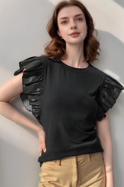 Ruffled Round Neck Cap Sleeve Blouse.