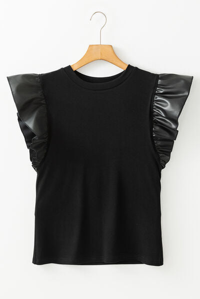 Ruffled Round Neck Cap Sleeve Blouse.
