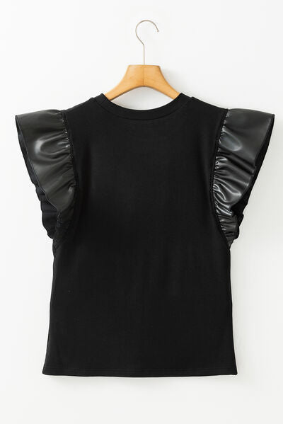 Ruffled Round Neck Cap Sleeve Blouse.