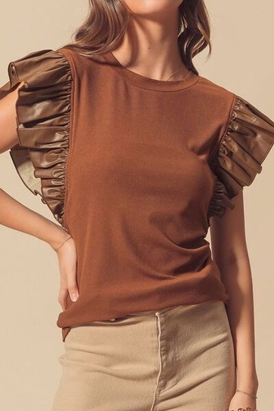 Ruffled Round Neck Cap Sleeve Blouse.