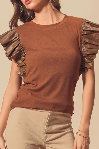 Ruffled Round Neck Cap Sleeve Blouse.