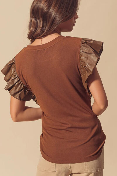 Ruffled Round Neck Cap Sleeve Blouse.