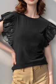 Ruffled Round Neck Cap Sleeve Blouse.
