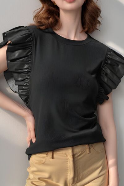 Ruffled Round Neck Cap Sleeve Blouse.